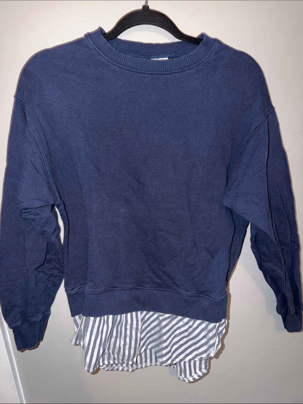Zara Girls Navy Layered Sweatshirt Top with Striped woven hem size 11-12